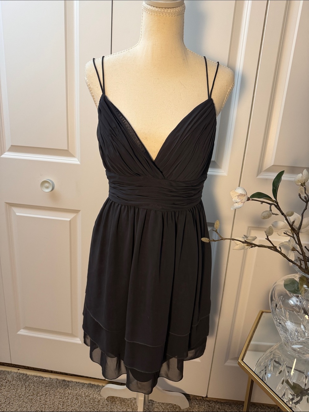 Calvin Klein Charcoal Gray Chiffon V-Neck Mini Dress